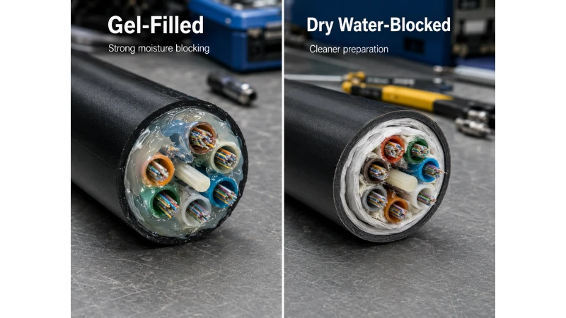 Gel-filled and dry water-blocked loose tube fiber optic cables compared for moisture protection and installation handling Gel-filled and dry water-blocked loose tube fiber optic cables compared for moisture protection and installation handling