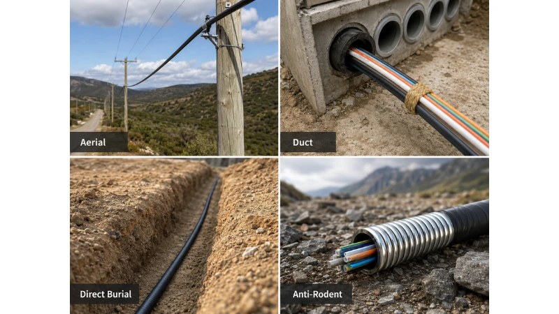 Loose tube fiber optic cable installation methods including aerial, duct, direct burial, and anti-rodent applications Loose tube fiber optic cable installation methods including aerial, duct, direct burial, and anti-rodent applications
