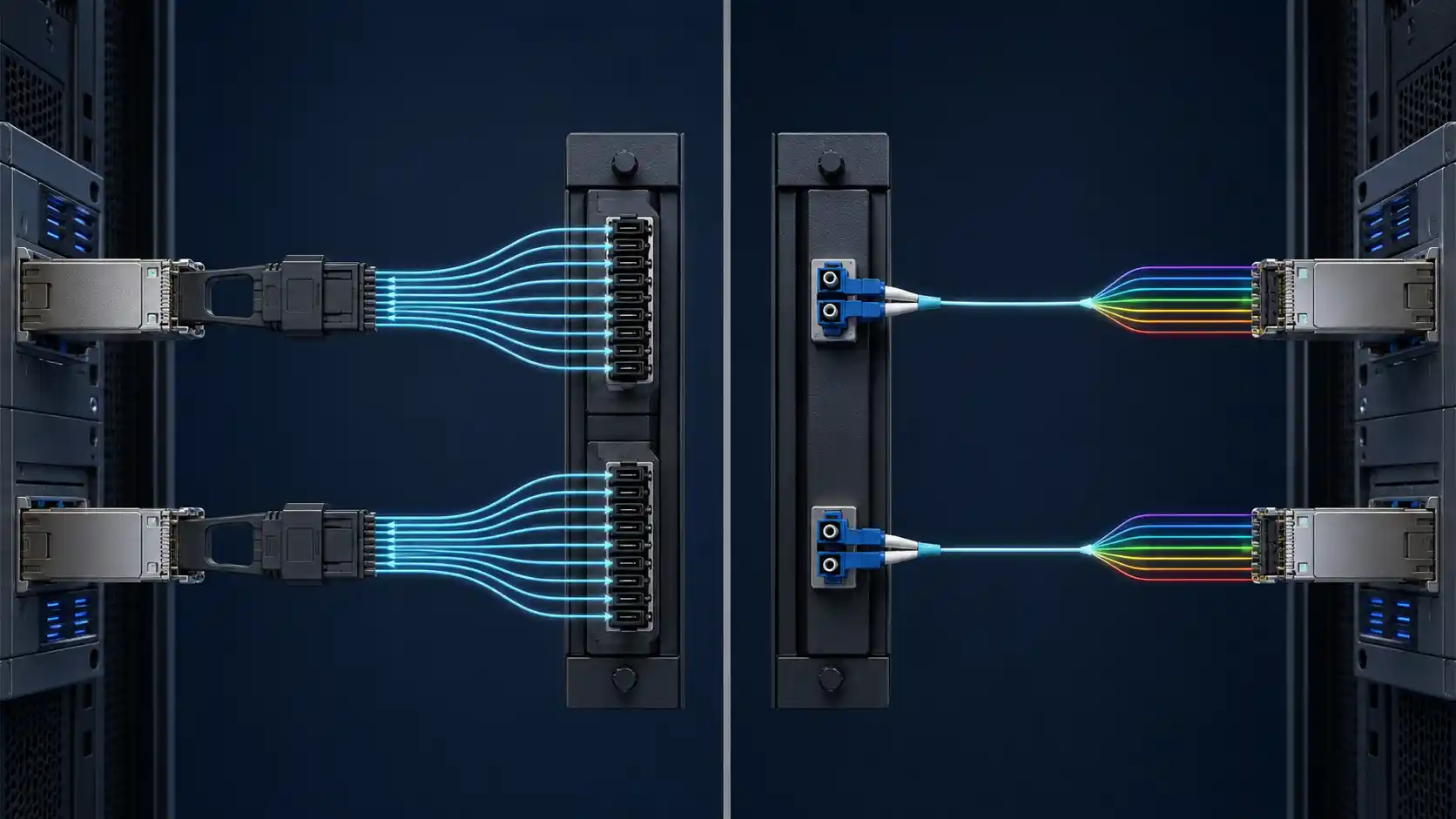 DR8 parallel fiber and FR8 wavelength-multiplexed cabling architectures DR8 parallel fiber and FR8 wavelength-multiplexed cabling architectures