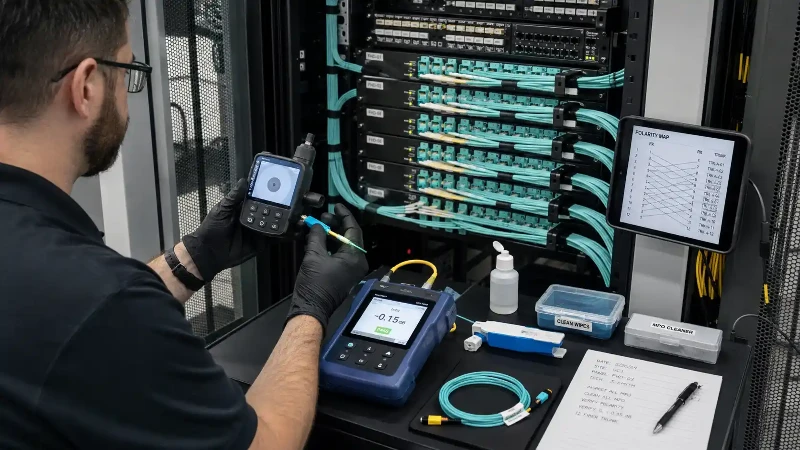 Technician inspecting an MPO connector for high-speed data center fiber readiness Technician inspecting an MPO connector for high-speed data center fiber readiness